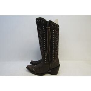 Corral Womens Size 6.5 M Brown Leather Inlay Bedazzled Zip 13" Cowboy Boots